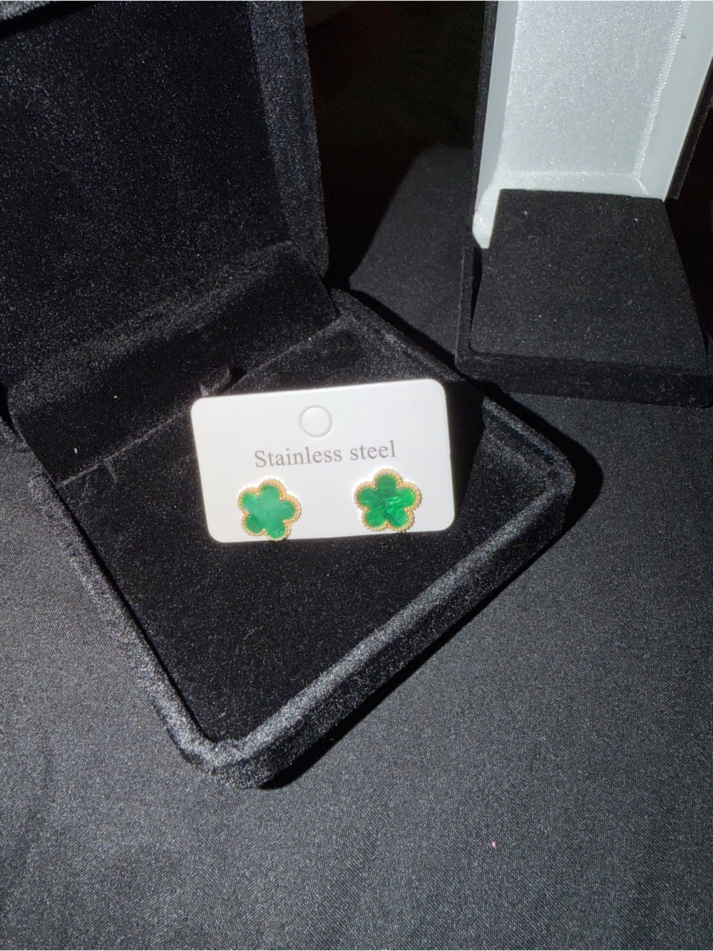Green Clover Stainless Steel Stud Earrings with Gold Trim